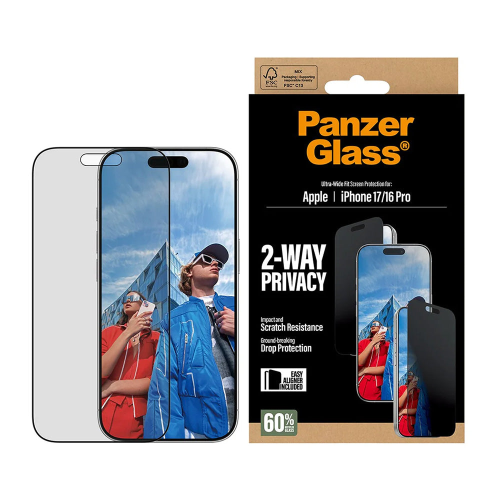 PanzerGlass® - Ultra-Wide Fit 2-Way Privacy Screen Protector w. EasyAligner - iPhone 17 / iPhone 16 Pro - Black