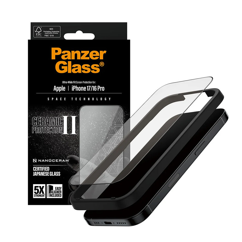 PanzerGlass® - Ultra-Wide Fit Ceramic II Screen Protector w. EasyAligner - iPhone 17 / iPhone 16 Pro - Black
