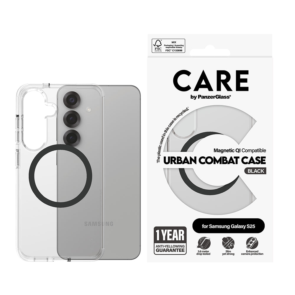 PanzerGlass® - CARE Flagship Urban Combat Black Qi Compatible - Samsung Galaxy S25 - Clear