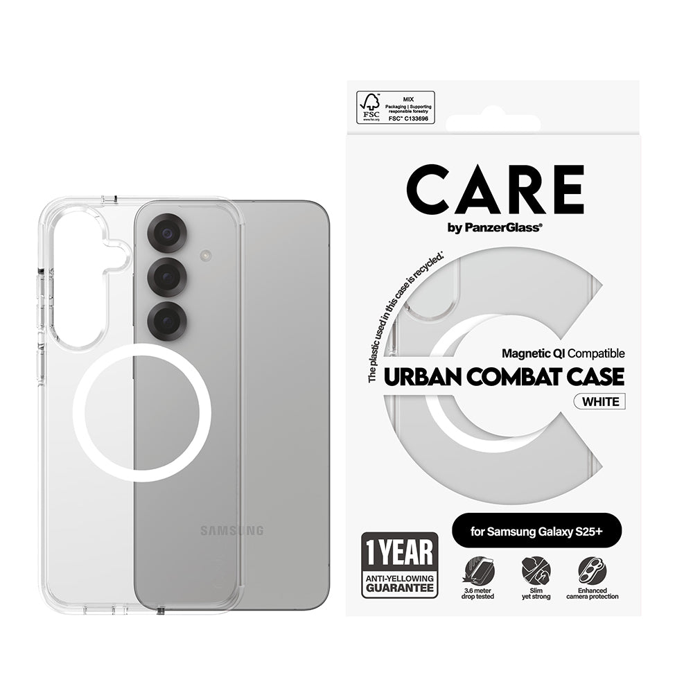 PanzerGlass® - CARE Flagship Urban Combat White Qi Compatible - Samsung Galaxy S25 Plus - Clear