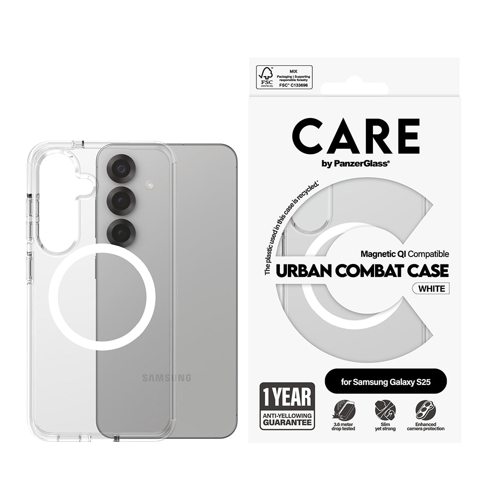PanzerGlass® - CARE Flagship Urban Combat White Qi Compatible - Samsung Galaxy S25 - Clear