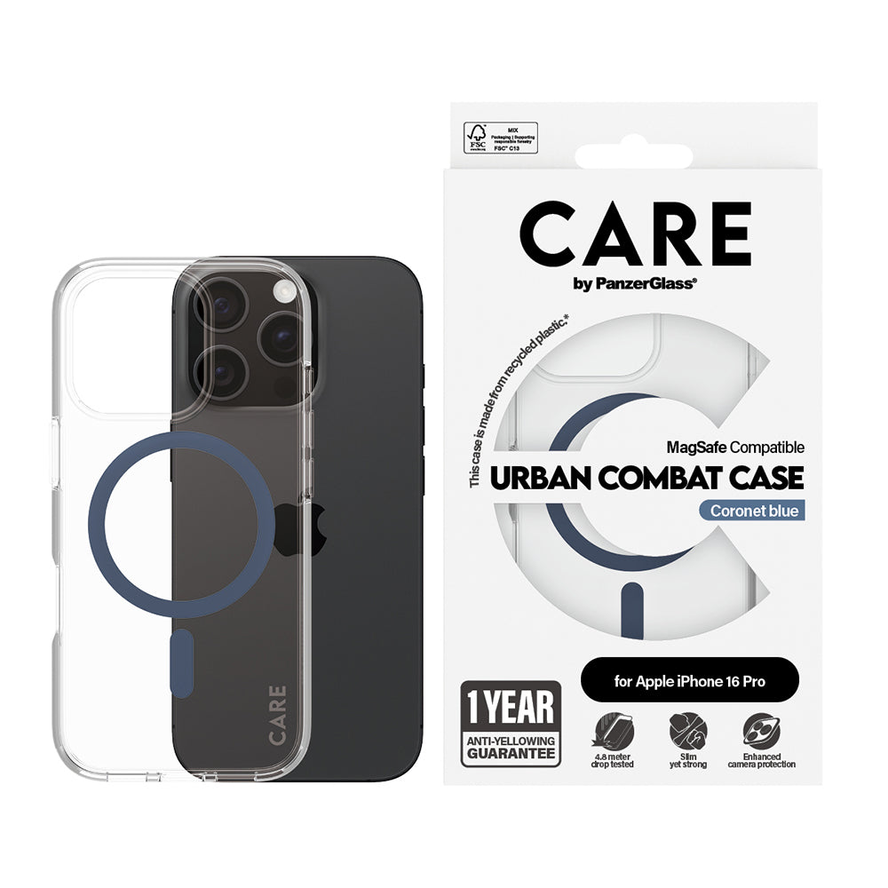 PanzerGlass® - CARE Flagship Urban Combat Blue MagSafe - iPhone 16 Pro - Clear