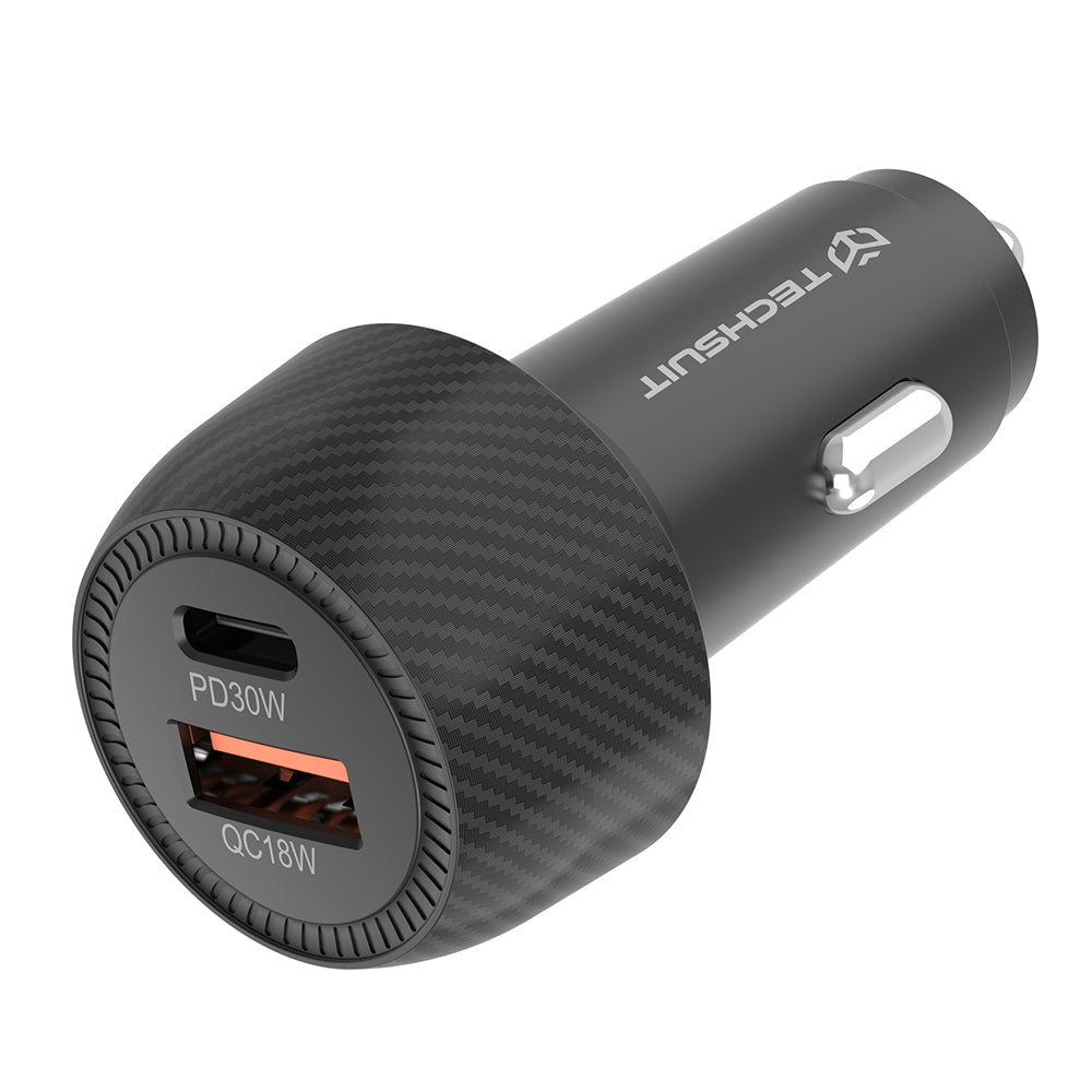 Techsuit - Car Charger CarbonVolt (C7) - Fast Charge 48W, USB, Type-C, QC3.0 18W, PD30W - Black