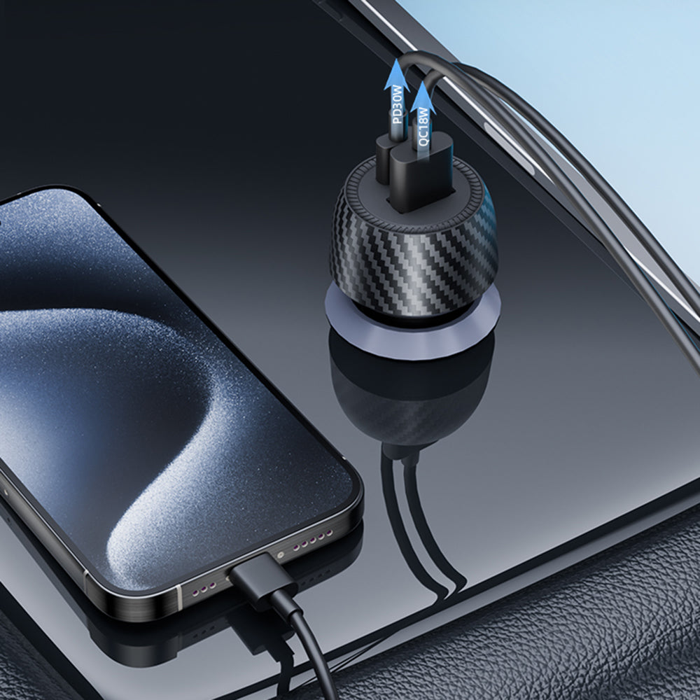 Techsuit - Car Charger CarbonVolt (C7) - Fast Charge 48W, USB, Type-C, QC3.0 18W, PD30W - Black