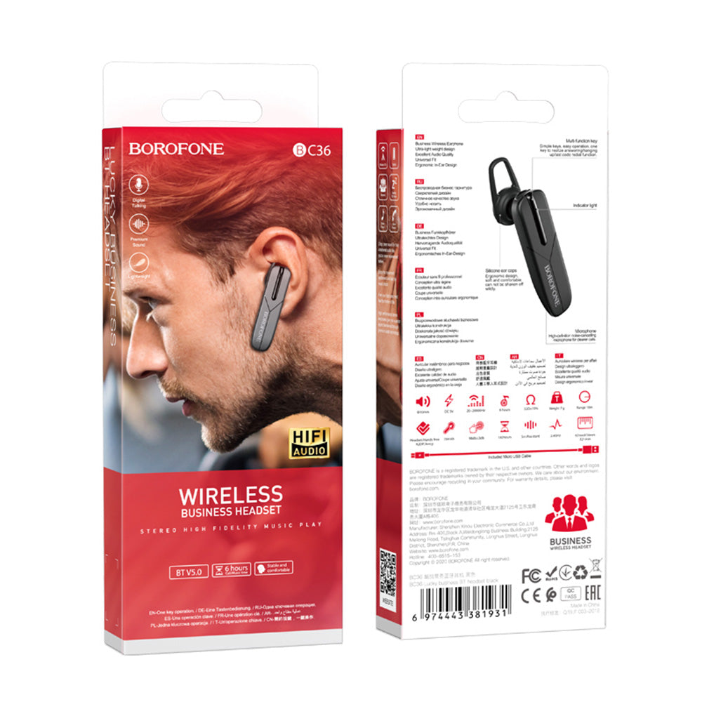 Borofone - Bluetooth Headset Lucky (BC36) - Bluetooth V5.0, 70mAh, Lightweight, Premium Sound - Black