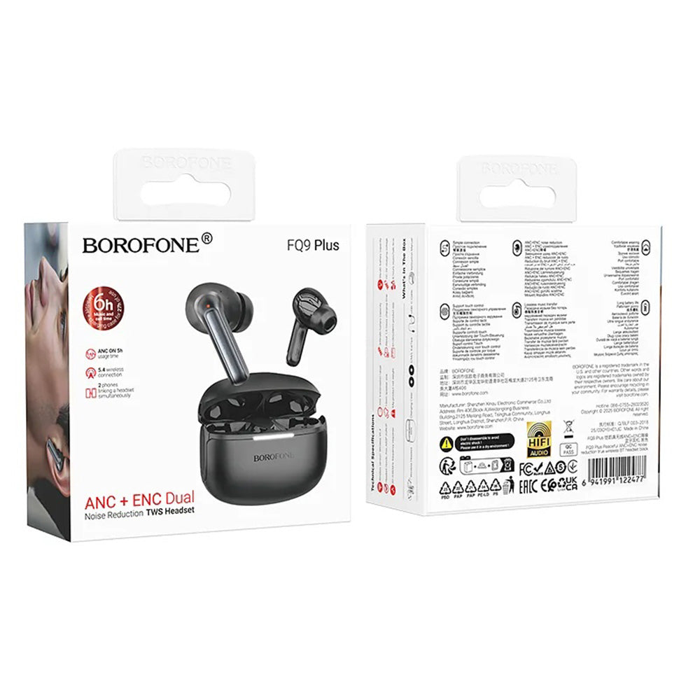 Borofone - Wireless Earbuds Peaceful (FQ9 Plus) - Bluetooth V5.4, ANC + ENC Technologies, 300mAh, Touch Control - Black