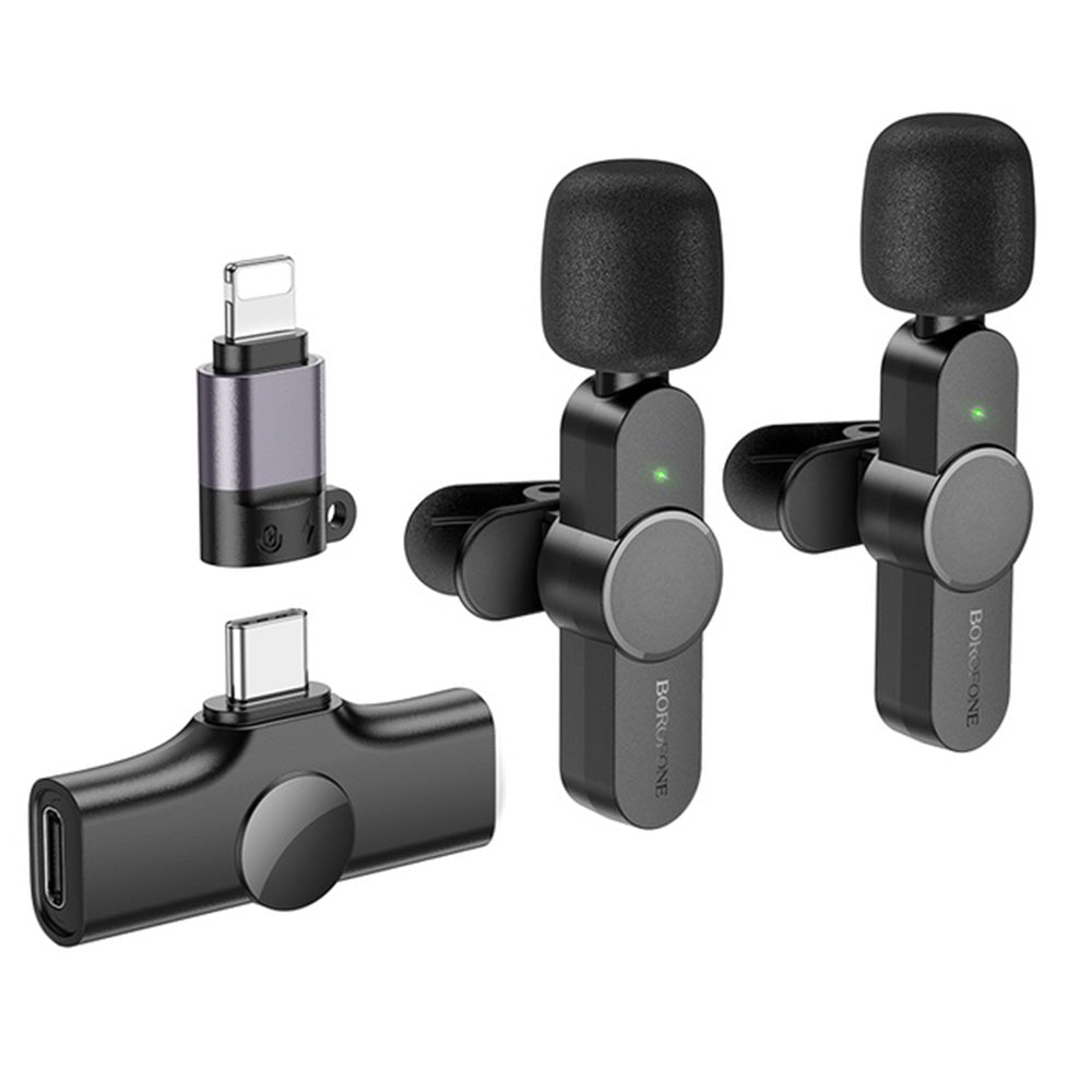 Borofone - (2 pack) Wireless Lavalier Microphones Trophy (BFK12) - 2.4Ghz, Type-C, Lightning, 70mAh - Black
