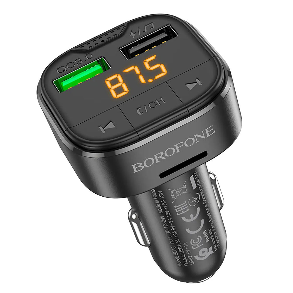 Borofone - FM Modulator and Car Charger Flash (BC43) - Bluetooth V5.0, 2x USB, MicroSD Card Slot, QC3.0, 18W - Black