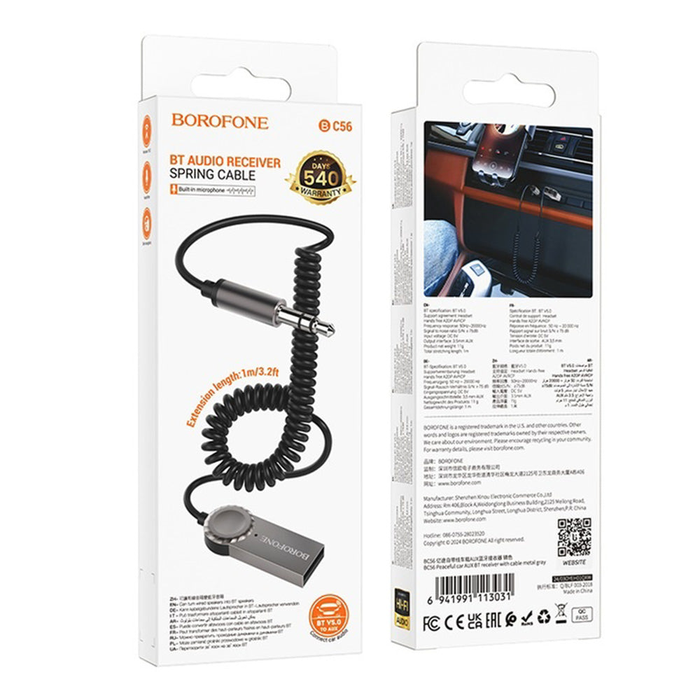 Borofone - Cable Audio Receiver Peaceful (BC56) - Bluetooth V5.0 Adapter, Jack 3.5mm - Metal Gray