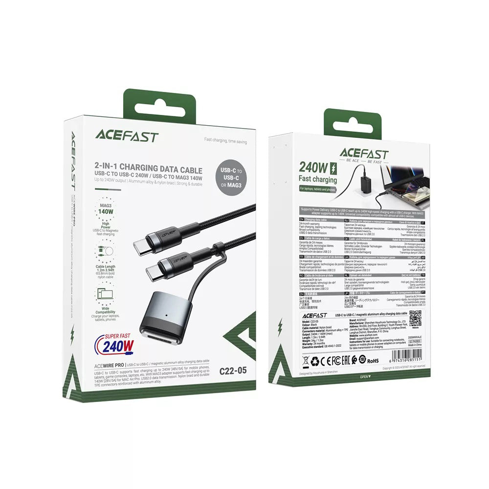 Acefast - Data Cable (C22-05) - Fast Charging, Type-C to Type-C, MagSafe 3 Adapter, 240W, 48V/5A, 1.2m - Black
