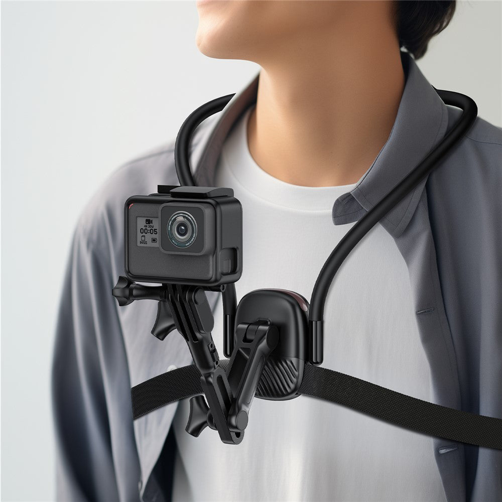 Acefast - Neck Phone Holder (E33) - for GoPro, Phone, with Clamp, 360° Adjustable, Secure Fit, Silicone Neckband - Black