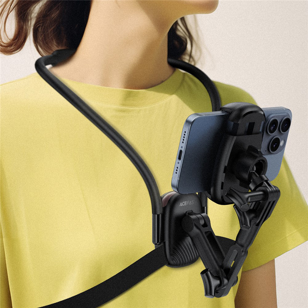 Acefast - Neck Phone Holder (E33) - for GoPro, Phone, with Clamp, 360° Adjustable, Secure Fit, Silicone Neckband - Black