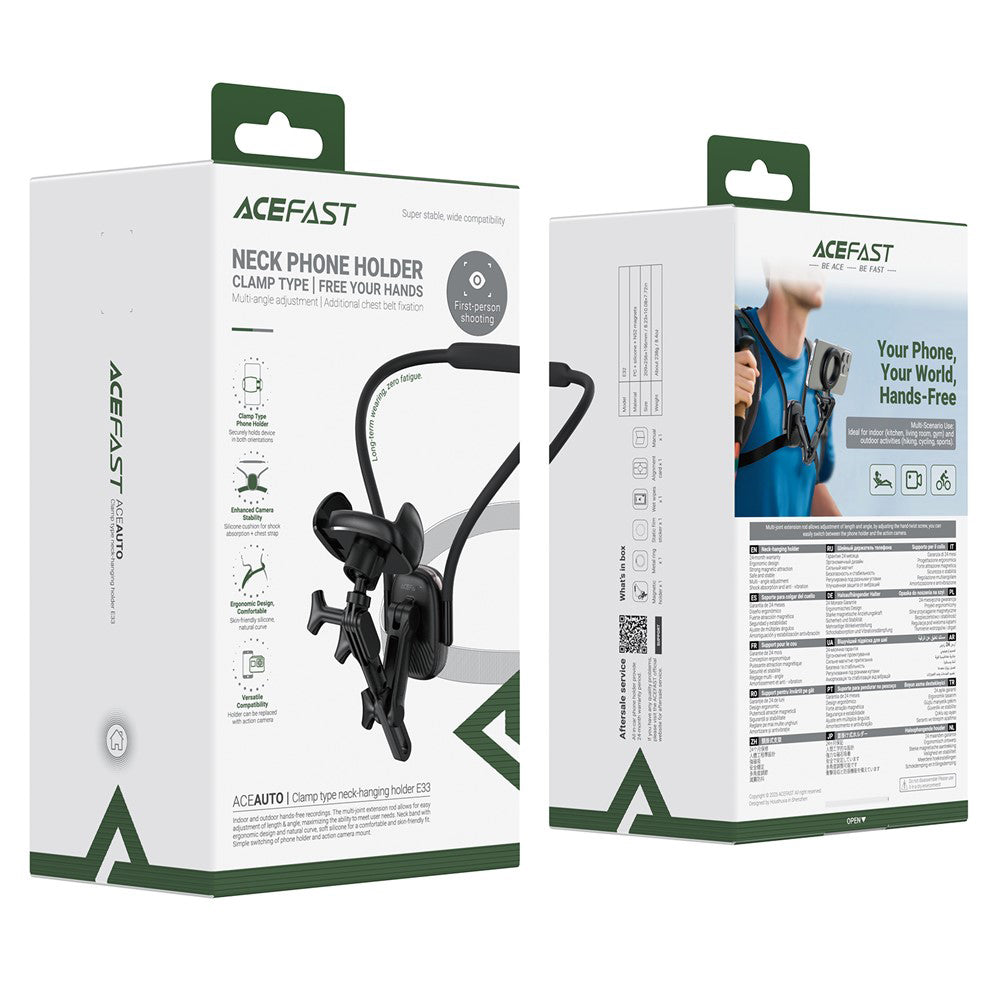 Acefast - Neck Phone Holder (E33) - for GoPro, Phone, with Clamp, 360° Adjustable, Secure Fit, Silicone Neckband - Black