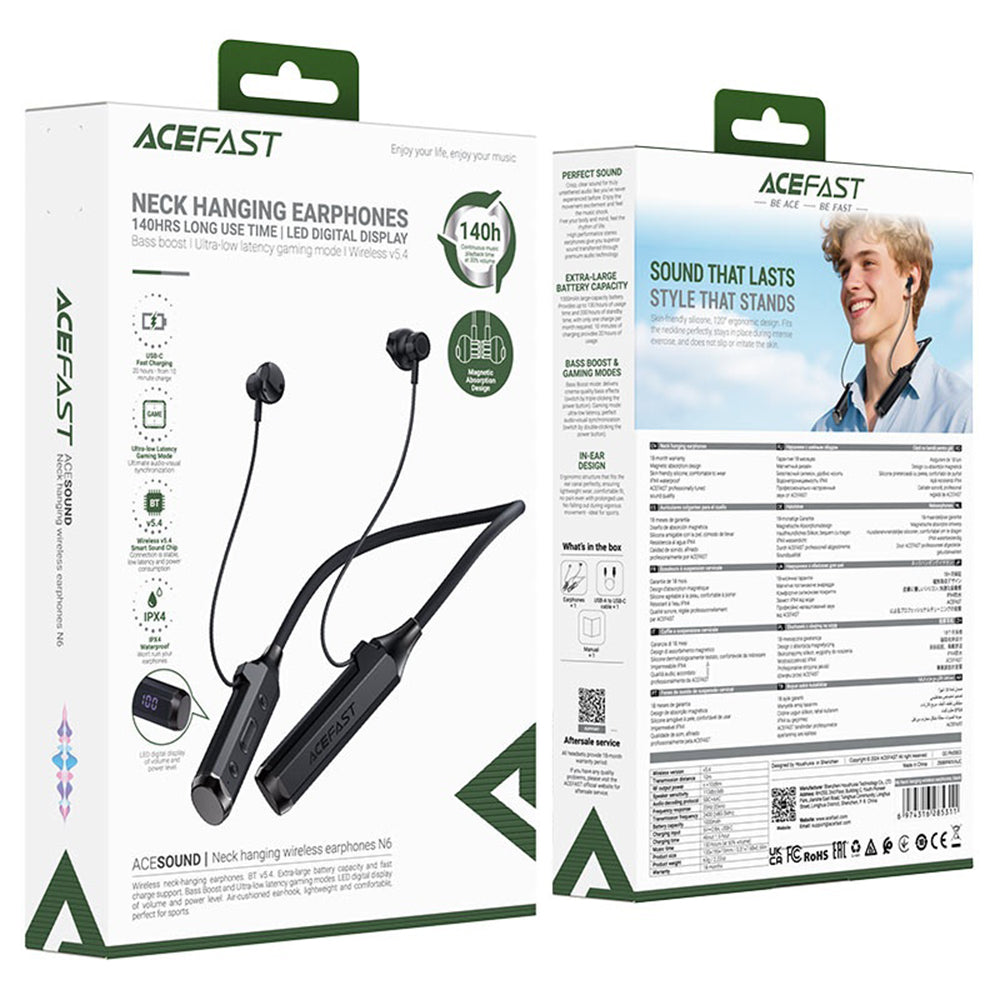 Acefast - Bluetooth Earphones (N6) - for Sport, Behind the Head, Neckband, Bluetooth 5.4, IPX4, TF Card Slot, 1000mAh- B