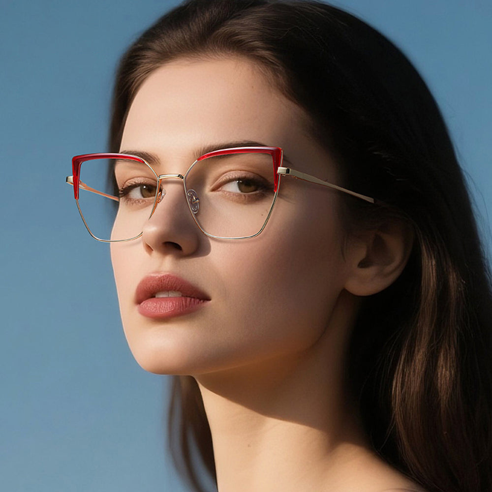 Techsuit - Anti-Blue Light Glasses Reflex PC (3156) - for Women, Cat Eye, Metal Frame, AC Lens - Gold/Black
