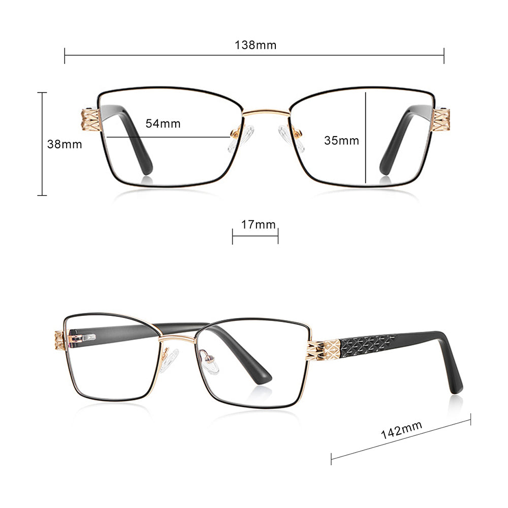 Techsuit - Anti-Blue Light Glasses Reflex PC (3171) - for Women, Rectangle, Metal Frame, AC Lens - Black