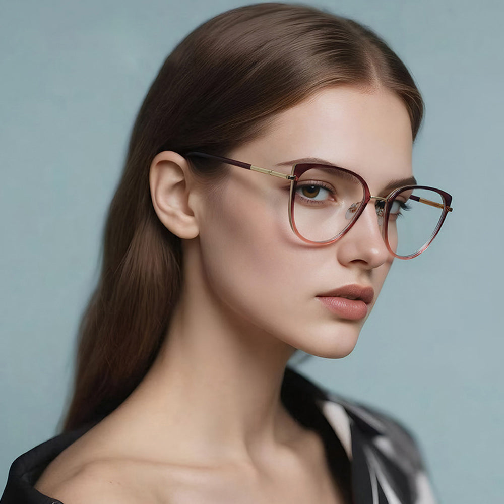 Techsuit - Anti-Blue Light Glasses Reflex PC (82290) - for Women, Cat Eye, TR90&Metal Frame, AC Lens - Gold/Black