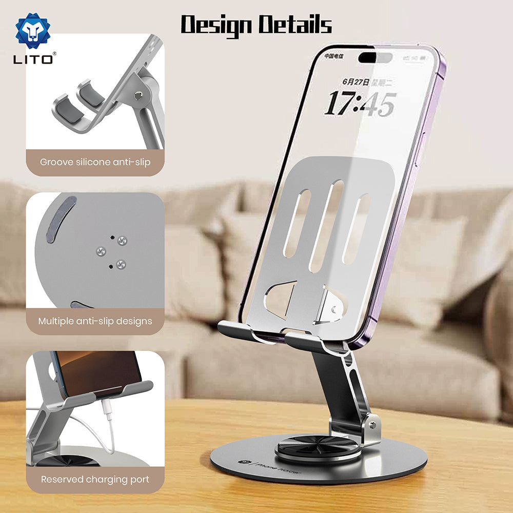 Lito - Phone Holder (LT-H01) - Foldable, 360° rotation, One-Hand Operation, Universal, Anti-Slip Design - Grey