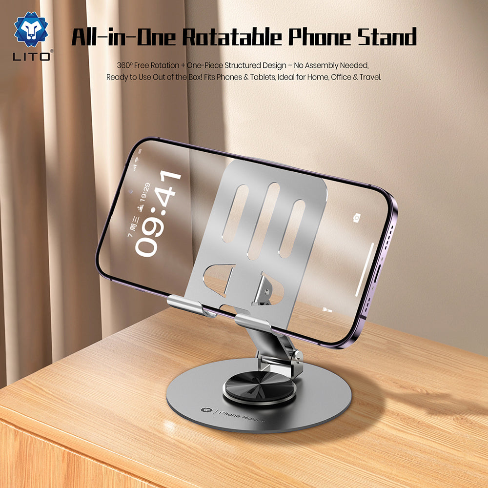 Lito - Phone Holder (LT-H01) - Foldable, 360° rotation, One-Hand Operation, Universal, Anti-Slip Design - Grey