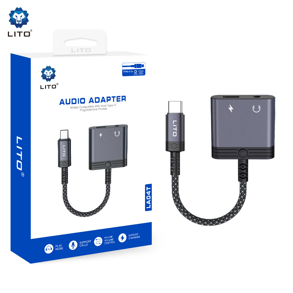 Lito - Audio Adapter (LA04T) - Type-C to Jack 3.5mm, Type-C, Support Calls, Fast Charging, 60W - Black