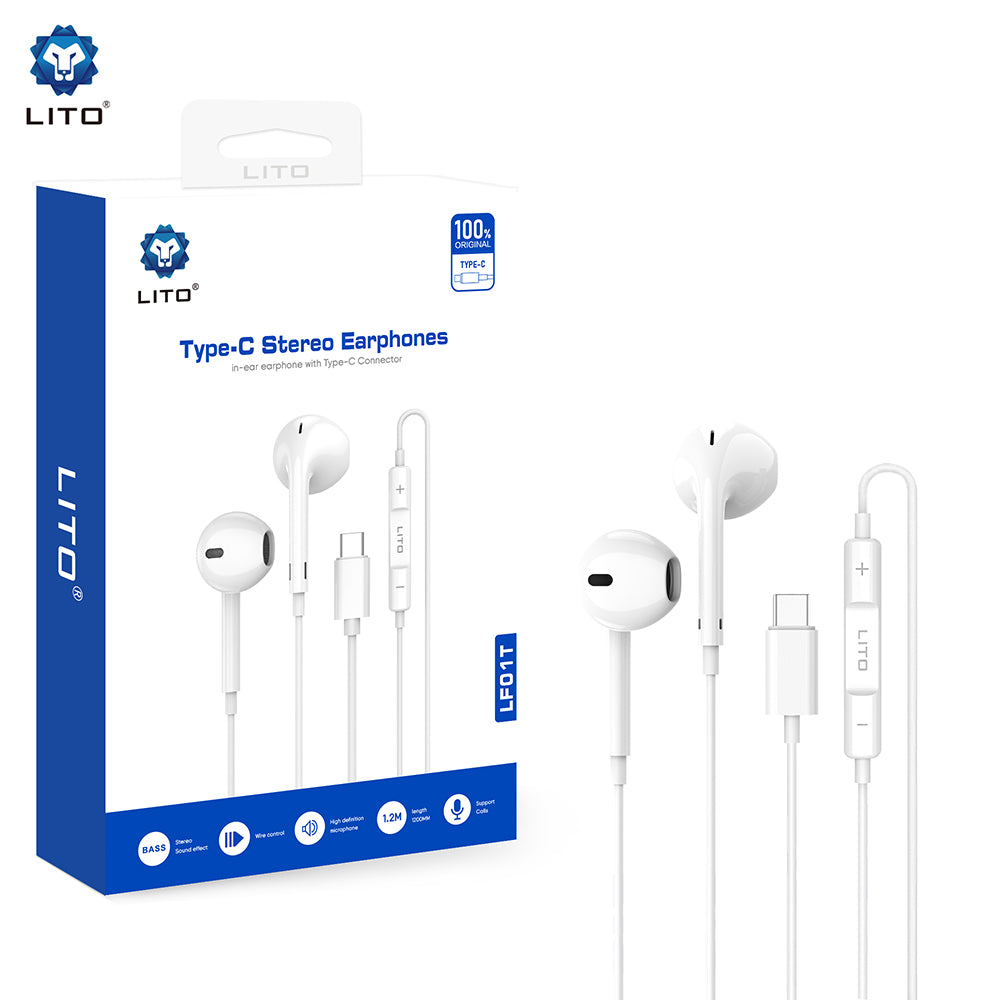 Lito - Wired Earphones (LF01T) - Type-C, Stereo, Half In-ear, with HD Microphone, 1.2m - White