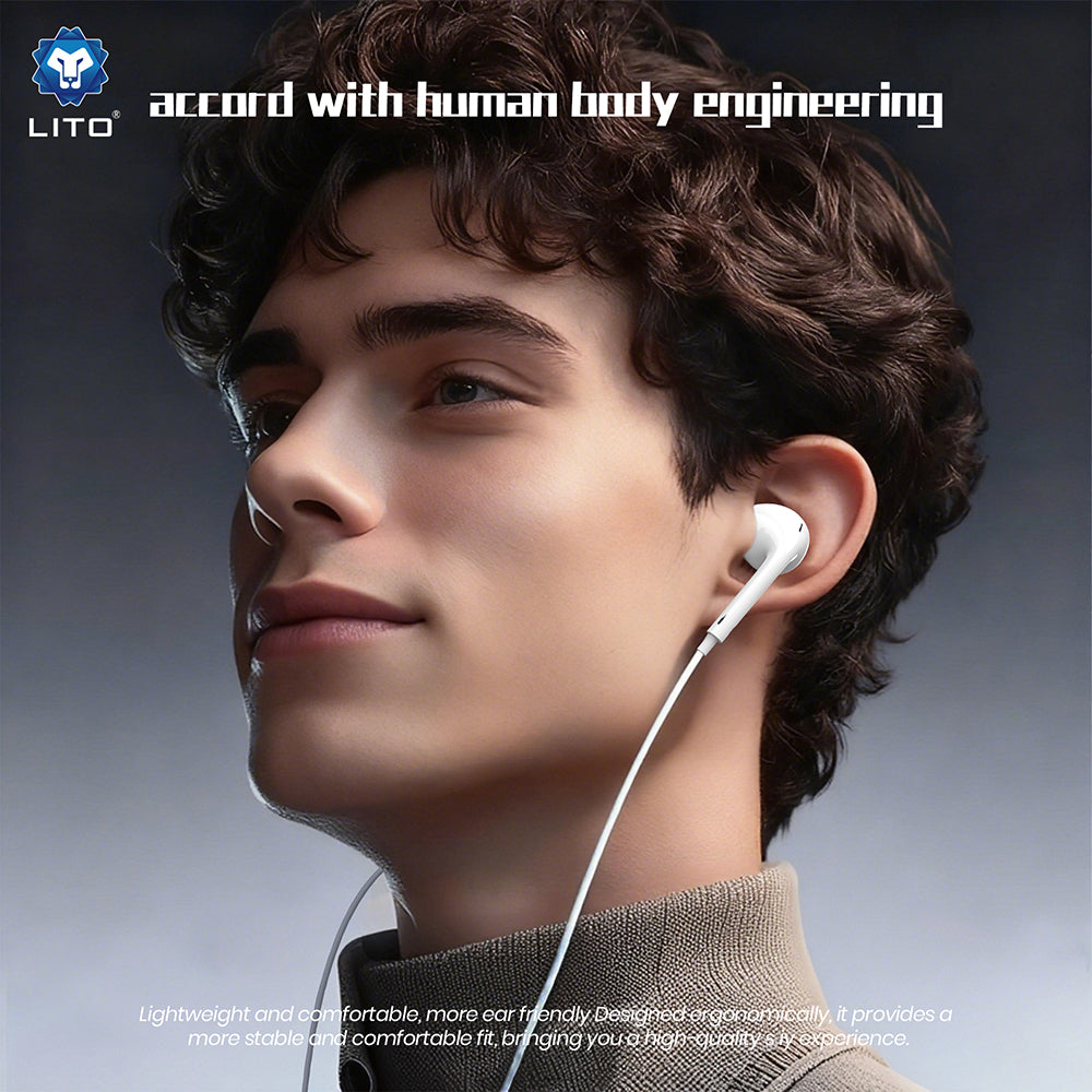 Lito - Wired Earphones (LF01T) - Type-C, Stereo, Half In-ear, with HD Microphone, 1.2m - White