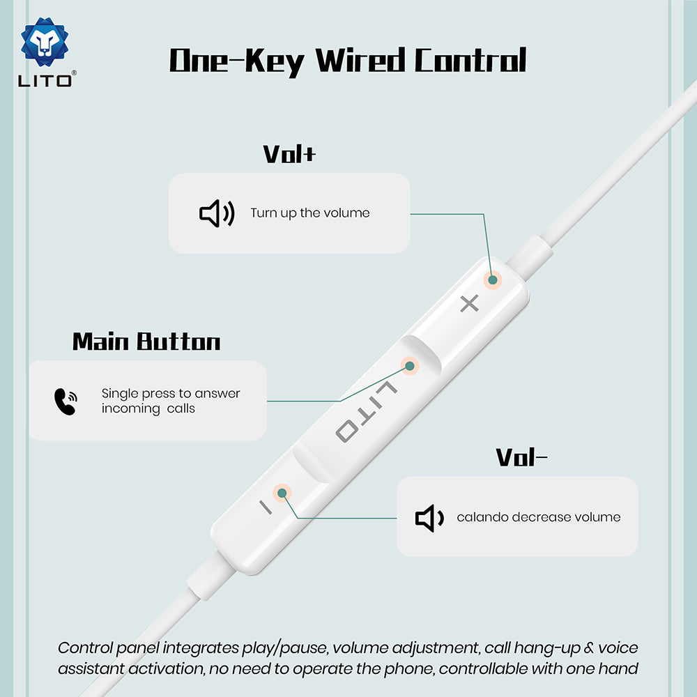 Lito - Wired Earphones (LF01T) - Type-C, Stereo, Half In-ear, with HD Microphone, 1.2m - White