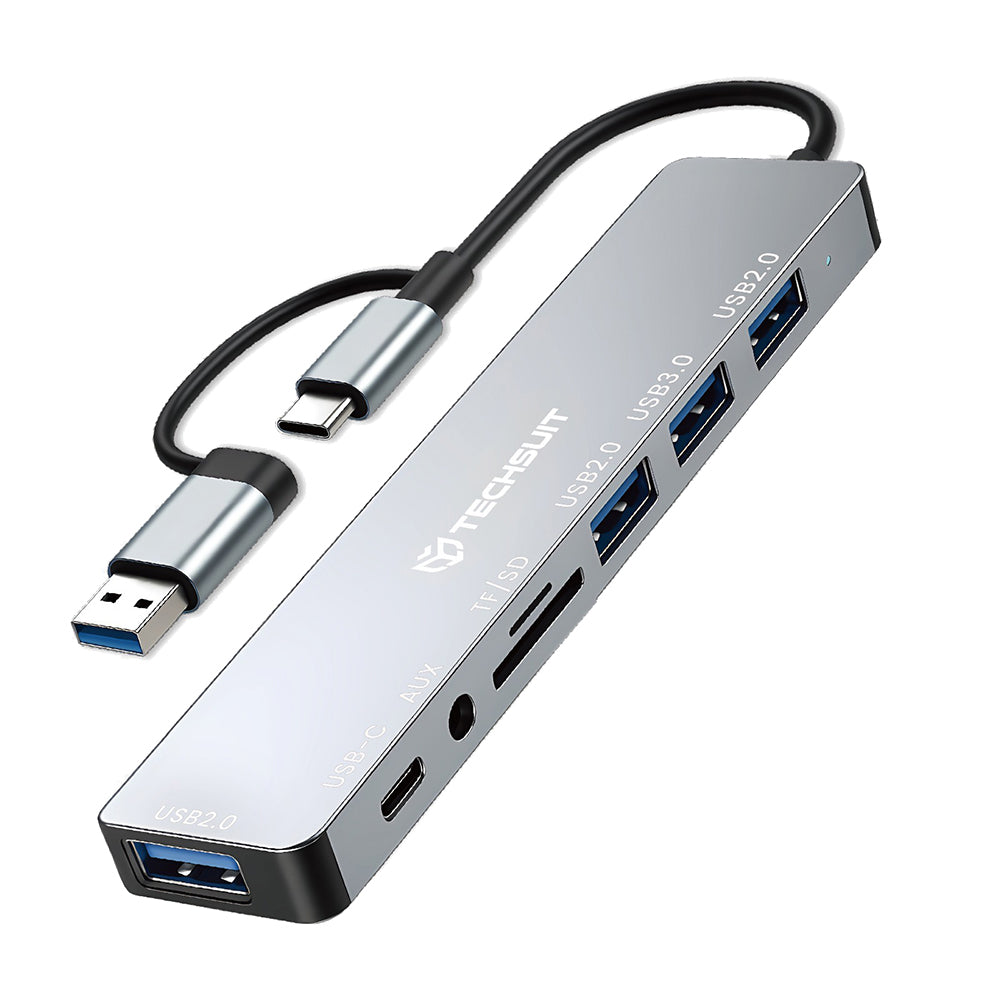 Techsuit - Docking Station DataBridge 8 in 1 (H9) - USB, Type-C to 4x USB, Type-C, 3.5mm Jack, TF/SD Card - Gray