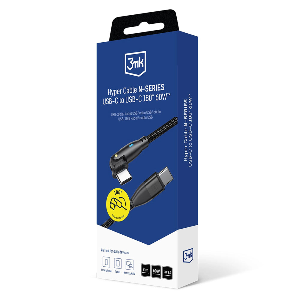 3mk - Data Cable Hyper N-Series - Type-C to Type-C, Fast Charge, Flexible 180°, 60W, 20V/3A, 2m - Black