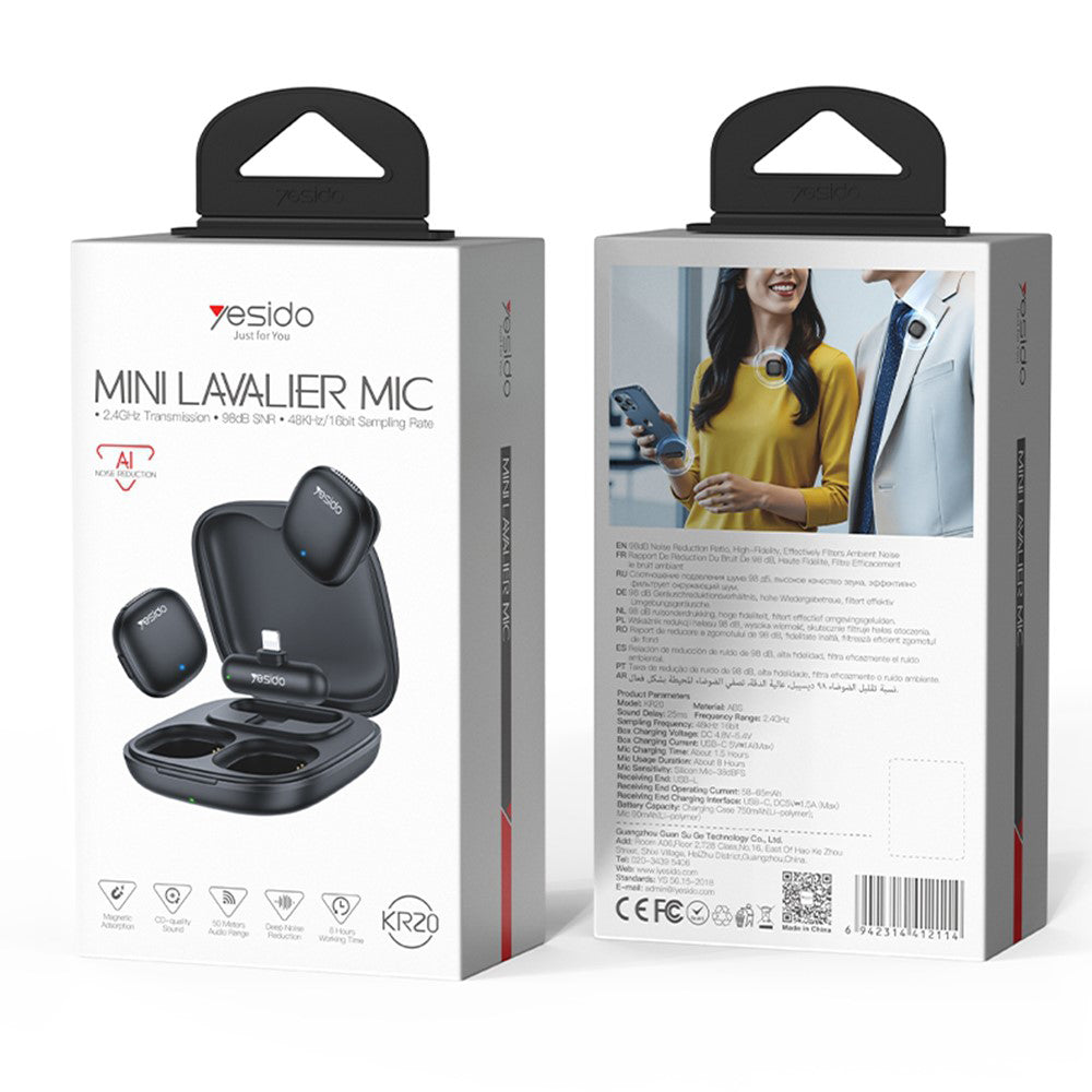 Yesido - (2 pack) Wireless Lavalier Microphones (KR20) - 3in1 Receiver, Lightning, AI Noise Reduction, 2.4GHz - Black