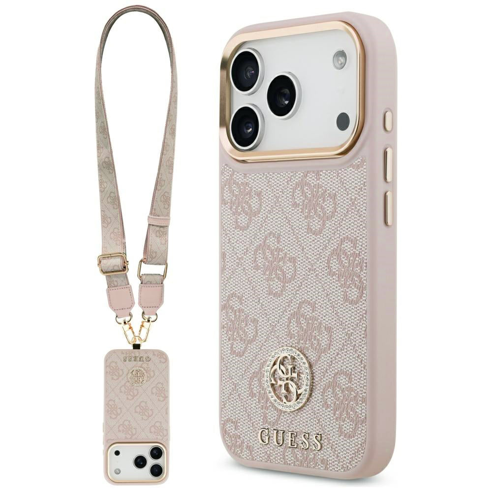 Husa pentru iPhone 17 Pro - Guess Hardcase 4G Strass Logo & Big Strap (GUHMP17LP4G4DCSP) - Pink