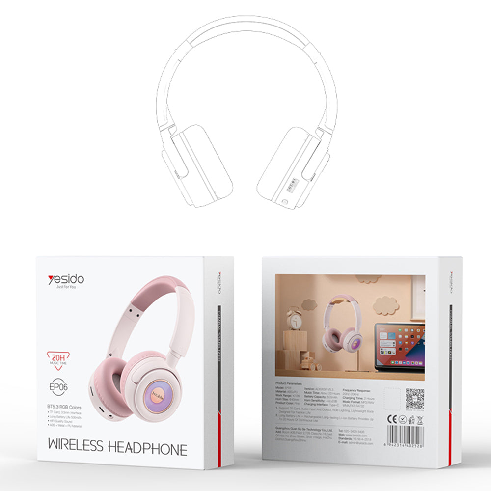 Yesido - Wireless Headphones (EP06) - for Kids, with Bluetooth V5.3, Microphone, Support Audio Cable, 500mAh - Black