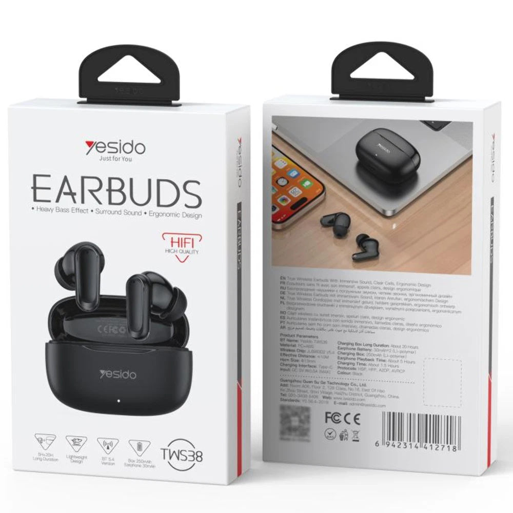 Yesido - Wireless Earbuds (TWS38) - Track System Stereo, Microphone, Bluetooth 5.4, In-ear Design, 250mAh - White