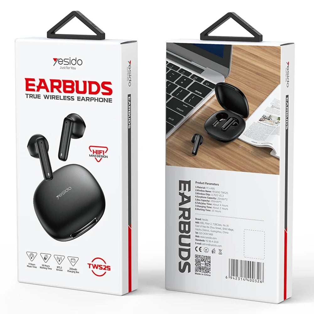 Yesido - Wireless Earbuds (TWS25) - with Microphone, Bluetooth V5.3, Touch Control, Half-In-ear Design, 250mAh - Black