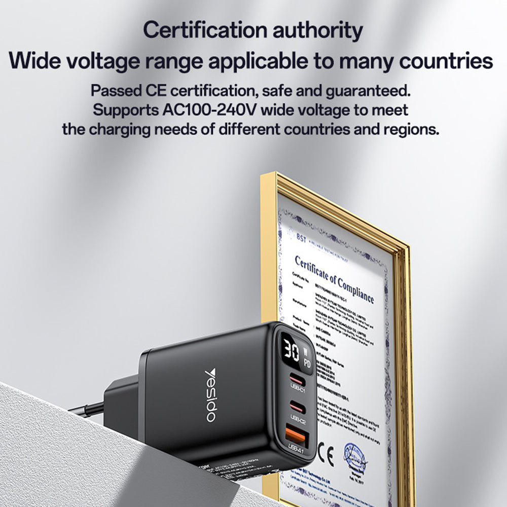 Yesido - Wall Charger (YC69) - with Digital Display, Fast Charge, for Phone, Tablet, Laptop, USB, 2x Type-C, 30W - Black