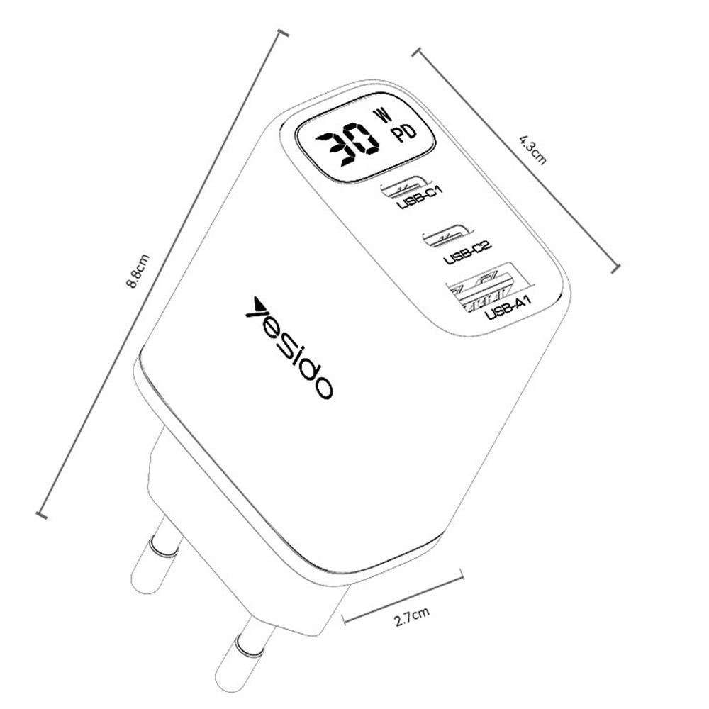 Yesido - Wall Charger (YC69) - with Digital Display, Fast Charge, for Phone, Tablet, Laptop, USB, 2x Type-C, 30W - Black