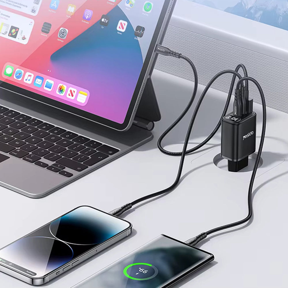 Yesido - Wall Charger (YC69) - with Digital Display, Fast Charge, for Phone, Tablet, Laptop, USB, 2x Type-C, 30W - Black
