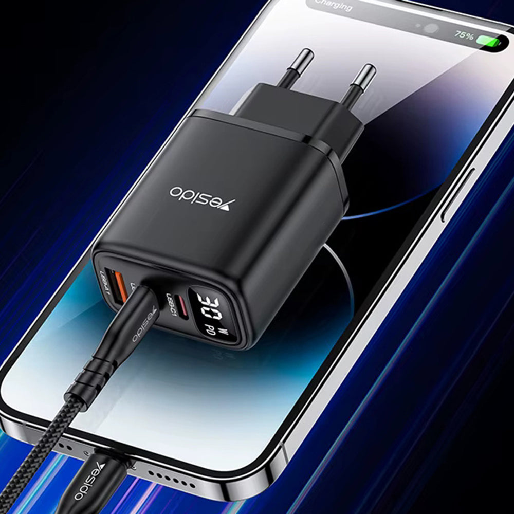 Yesido - Wall Charger (YC69) - with Digital Display, Fast Charge, for Phone, Tablet, Laptop, USB, 2x Type-C, 30W - Black