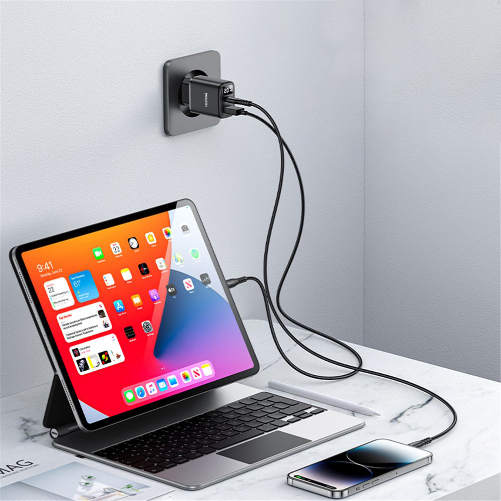 Yesido - Wall Charger (YC68) - with Digital Display, Quick Charge, for Phone, Tablet, USB, Type-C, 20W - Black