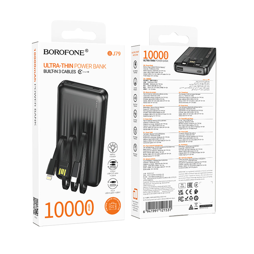 Borofone - Power Bank Clever Series (BJ79) - with Built-in 3x Cable, USB, USB-C, Lightning, Indicator, 2A, 10000mAh - Bl