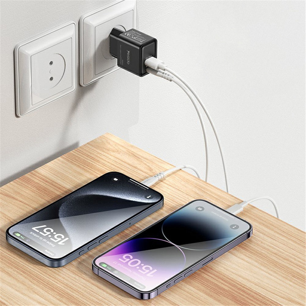 Yesido - Wall Charger (YC64) - Dual Port Type-C + USB-A, Fast Charging, GaN Technology, PD30W - Black