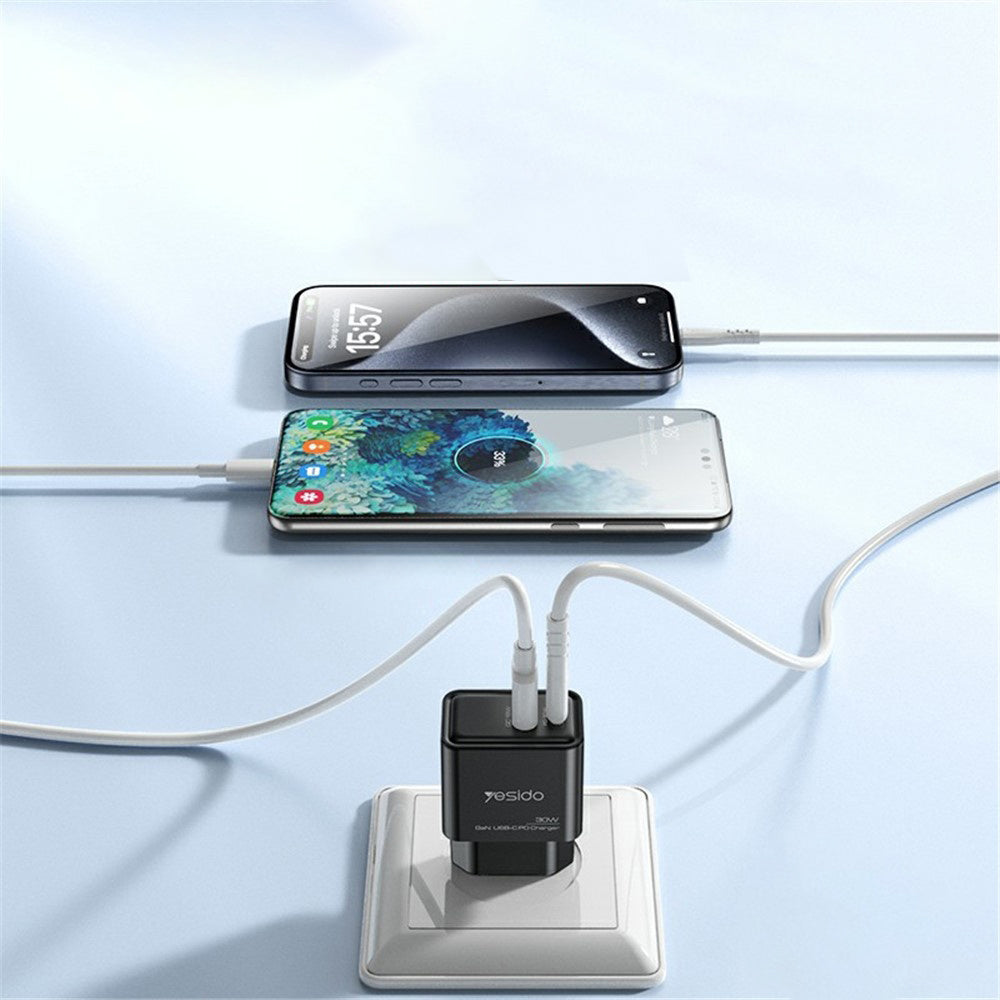 Yesido - Wall Charger (YC64) - Dual Port Type-C + USB-A, Fast Charging, GaN Technology, PD30W - Black