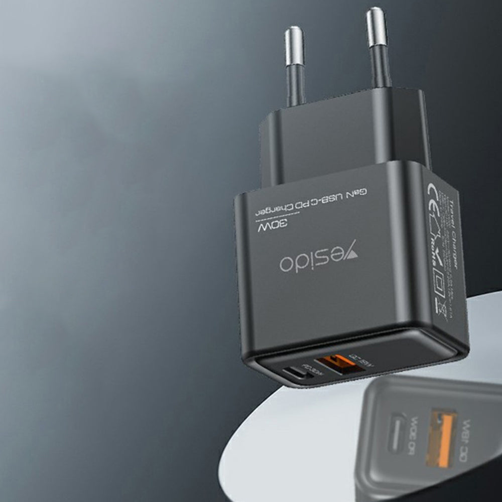 Yesido - Wall Charger (YC64) - Dual Port Type-C + USB-A, Fast Charging, GaN Technology, PD30W - Black