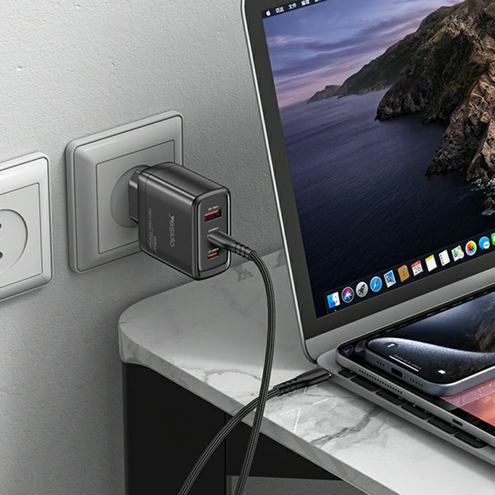 Incarcator Yesido (YC144), 2x USB-C / USB-A, 65W, GaN, Negru