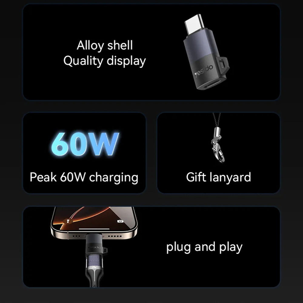 Yesido - OTG Adapter (GS28) - Lightning to Type-C, 60W, Fast Charging, 480Mpb/s, Aluminum Alloy, Plug&Play - Grey