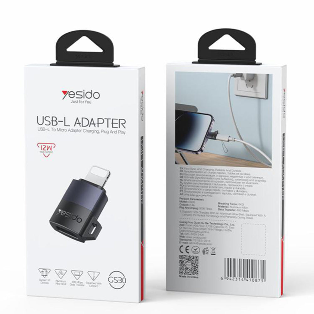 Yesido - OTG Adapter (GS30) - Micro-USB to Lightning, 480Mpb/s, Aluminum Alloy, 12W - Grey