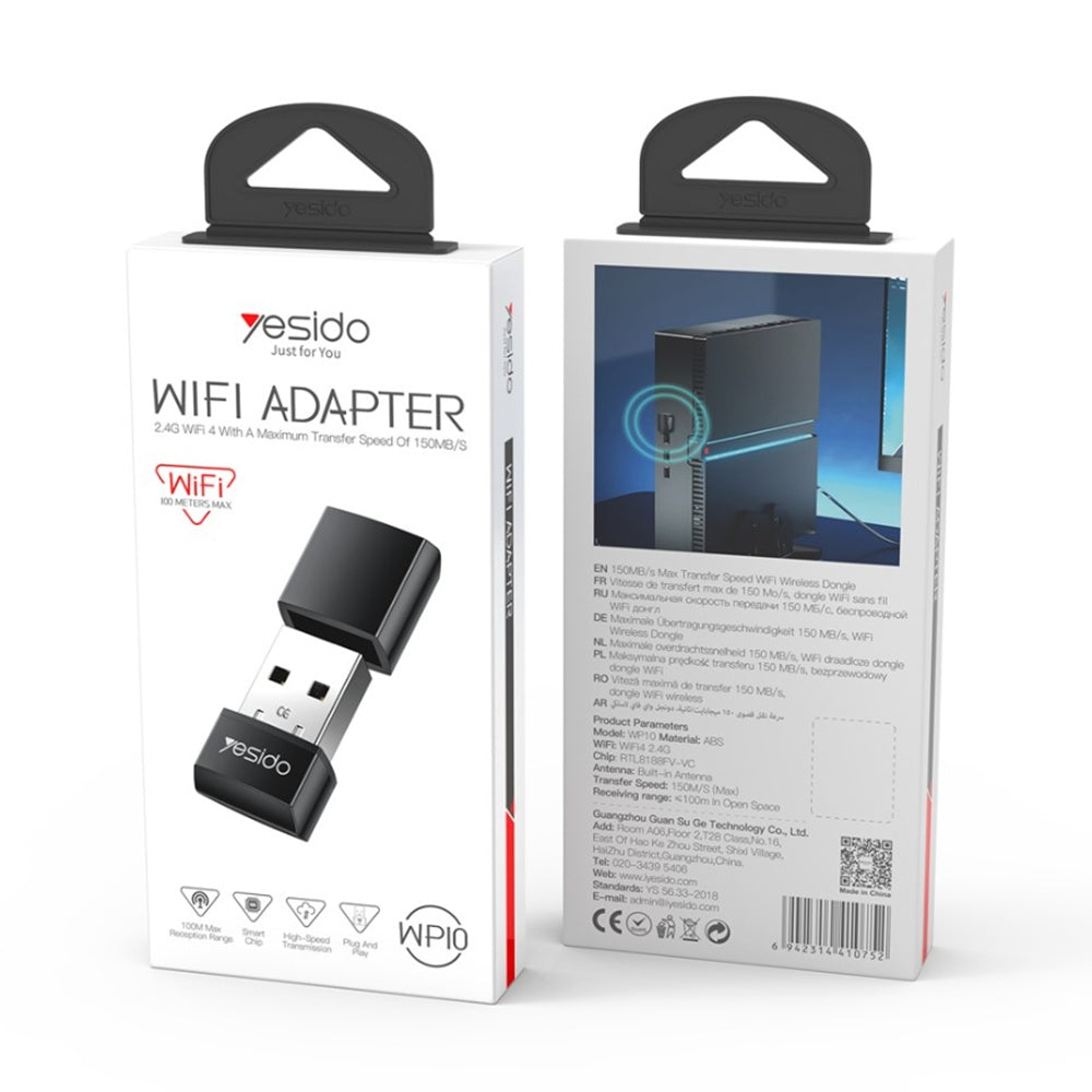 Yesido - Wi-Fi Adapter (WP10) - with Built-in Antenna, UBS-A, 150Mbps, WiFi4 2.4G, Plug&Play - Black