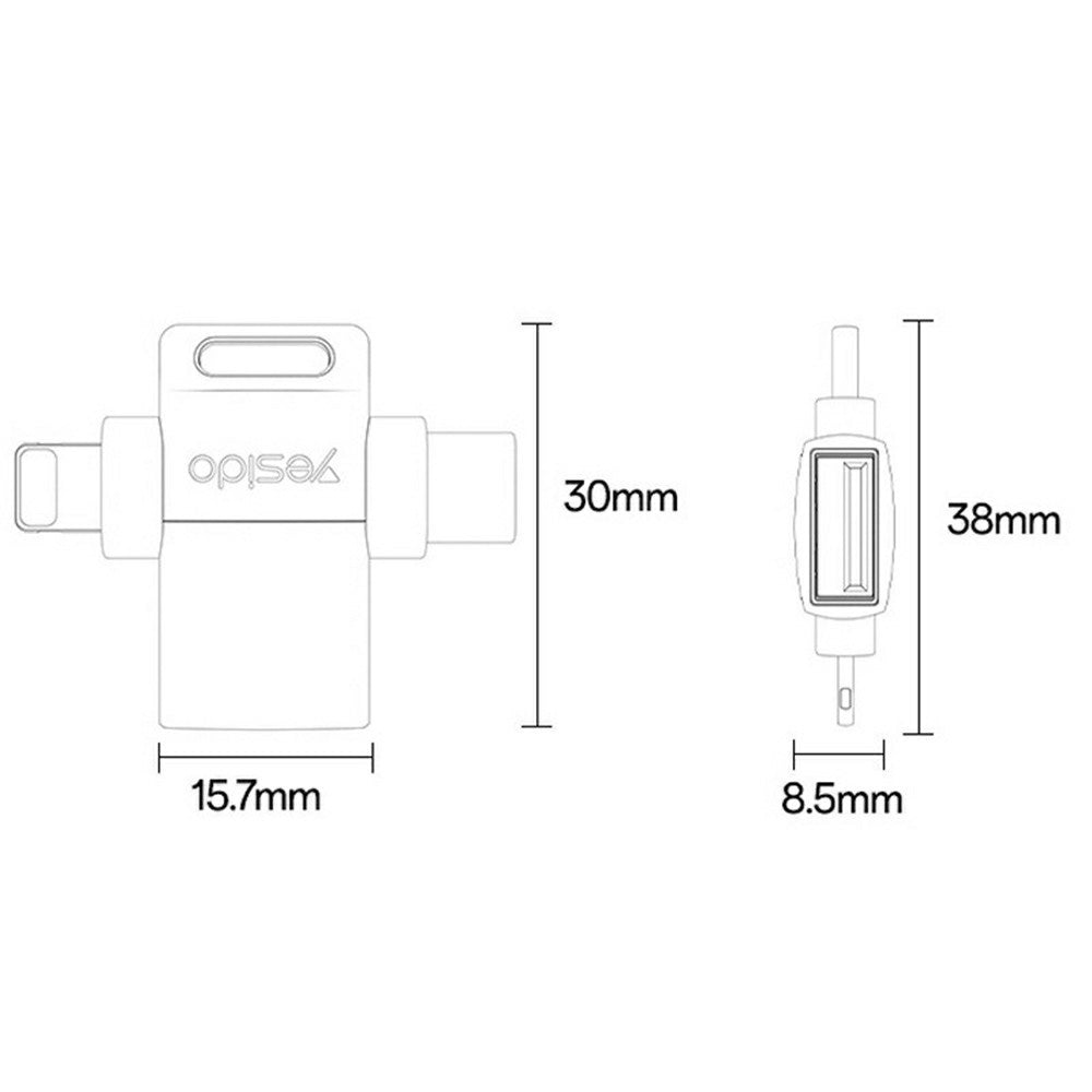 Yesido - OTG Adapter (GS35) - USB 3.0 to Lightning, Type-C, Aluminum Alloy, Mini Design - Grey