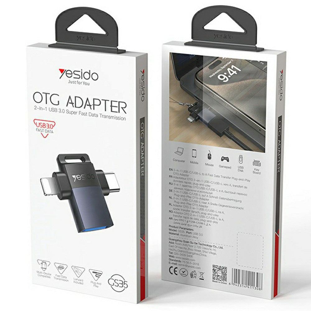 Yesido - OTG Adapter (GS35) - USB 3.0 to Lightning, Type-C, Aluminum Alloy, Mini Design - Grey