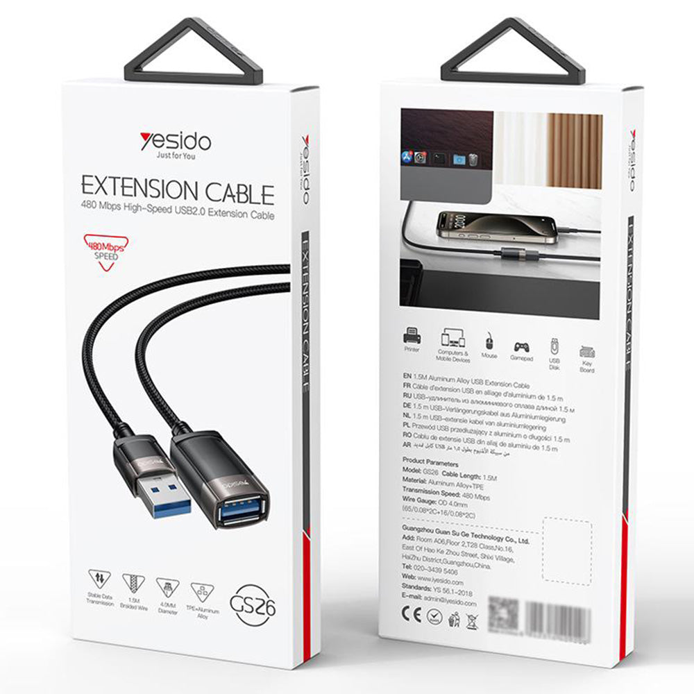 Yesido - Extension Adapter (GS26) - USB 2.0, with 1.5m Cable, Braided, High-Speed Transmission - Grey